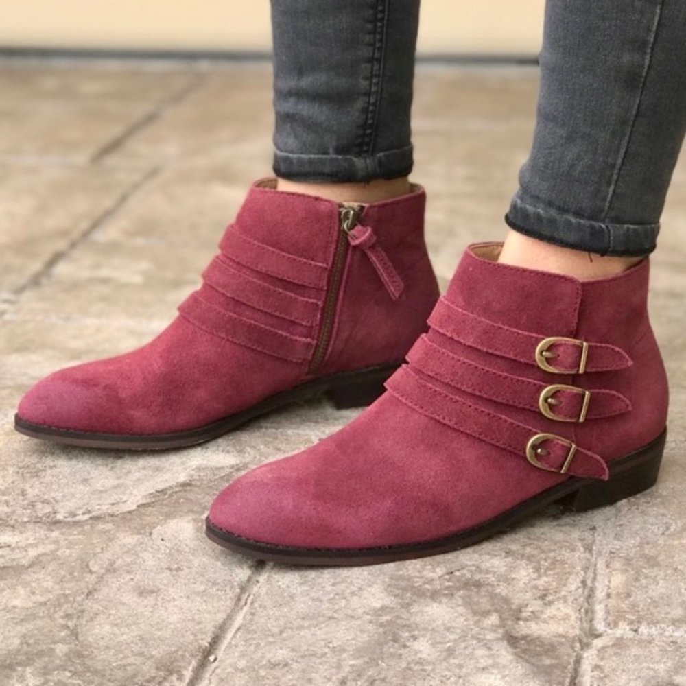 MIB Wine Genuine Suede Triple Buckle Ankle Boots